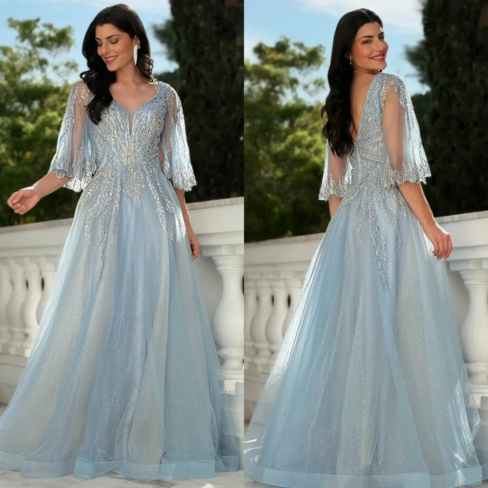 Customized Modern Style Elegant Ruched Sequined A-line V-neck Long Dresses Bespoke Occasion Dresses Sizes Available High Quality