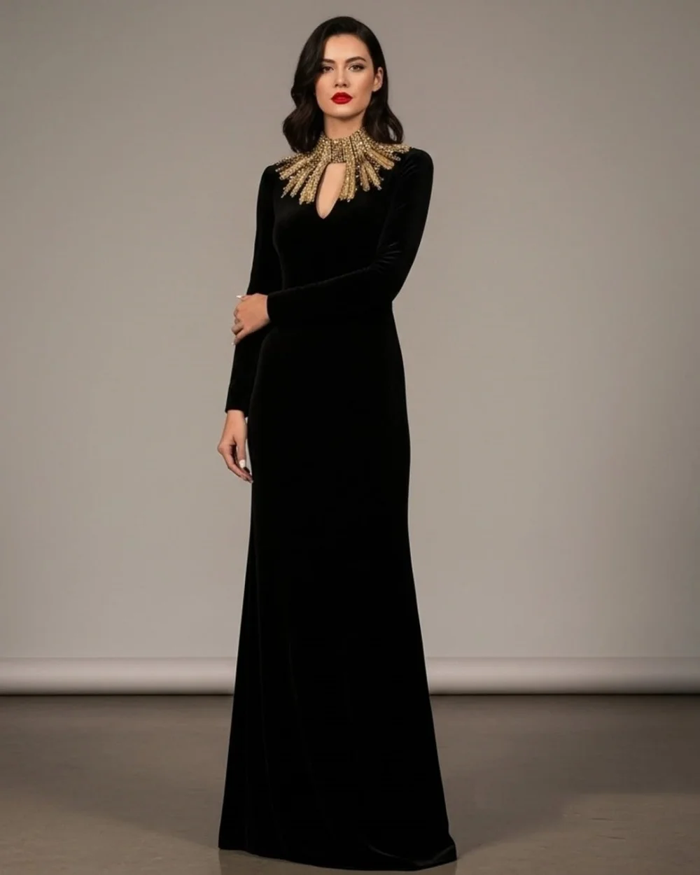 Customized Elegant Evening Dress High Collar Long Sleeves Rhinestone Prom Gown Modern Style Women Hollow Out Floor-length Dress