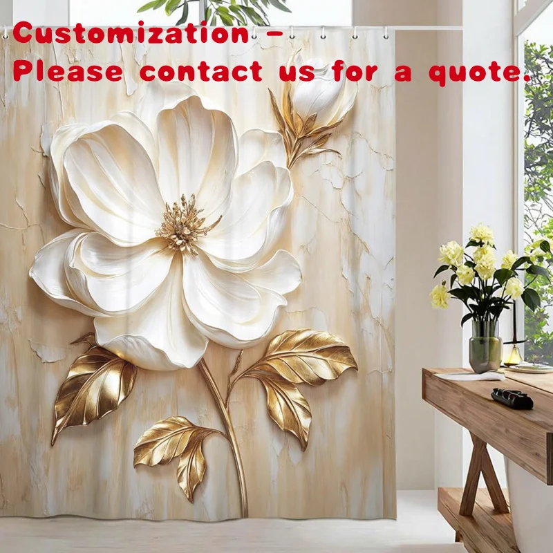 custom.Elegant Luxury 3D Floral Modern Minimalist Abstract White Flower Golden Leaves Fabric Shower Curtain Set Elegant