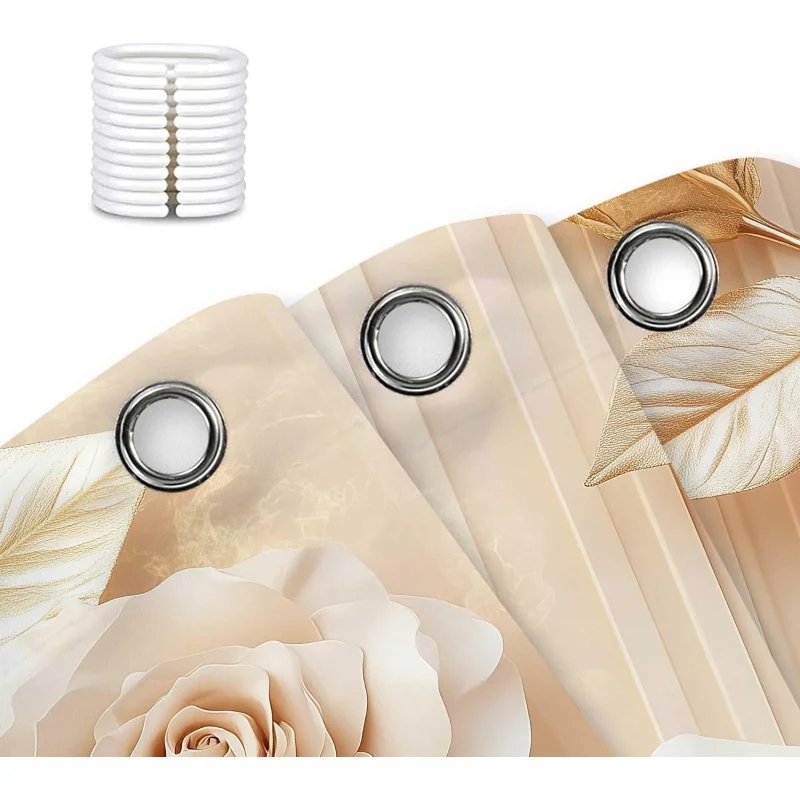 custom.Elegant Luxury 3D Floral Modern Minimalist Abstract White Flower Golden Leaves Fabric Shower Curtain Set Elegant