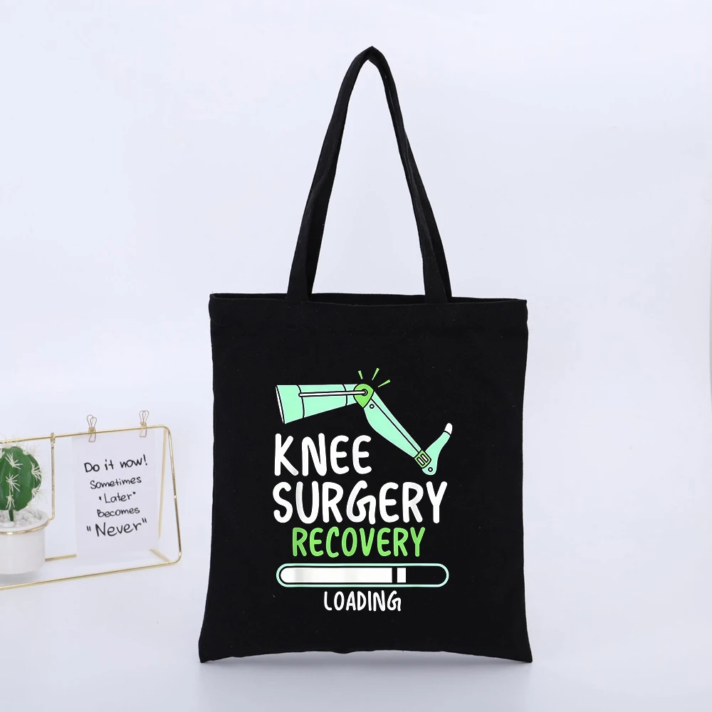 KNEE SURGERY RECOVERY Recovery Support Black Canvas Tote Bag with Knee Surgery Graphic, Casual Style for Daily Use