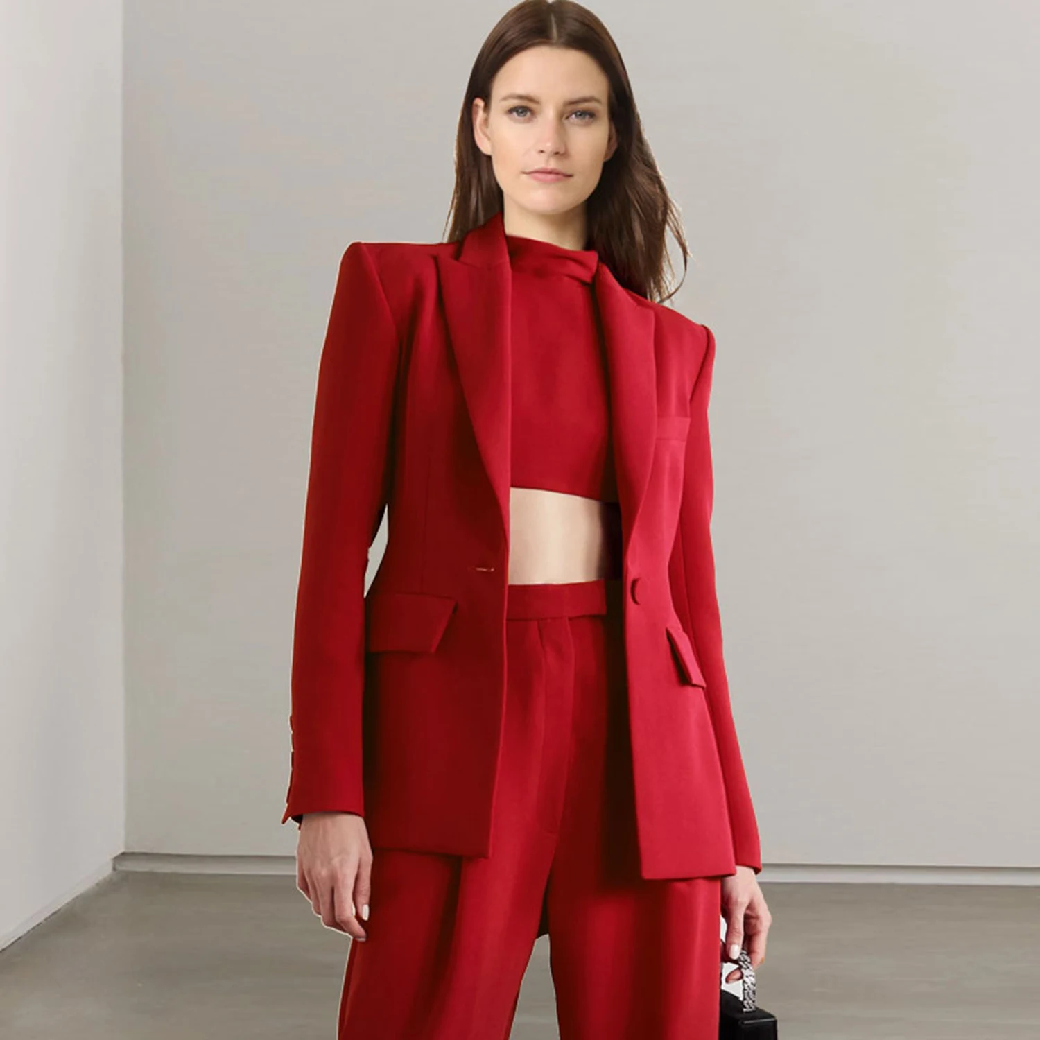 Allingentle Red Lapel Women's 2 Piece Set Business Suit Fashion Long Sleeved Suit Jacket Pantsuit Set Customize