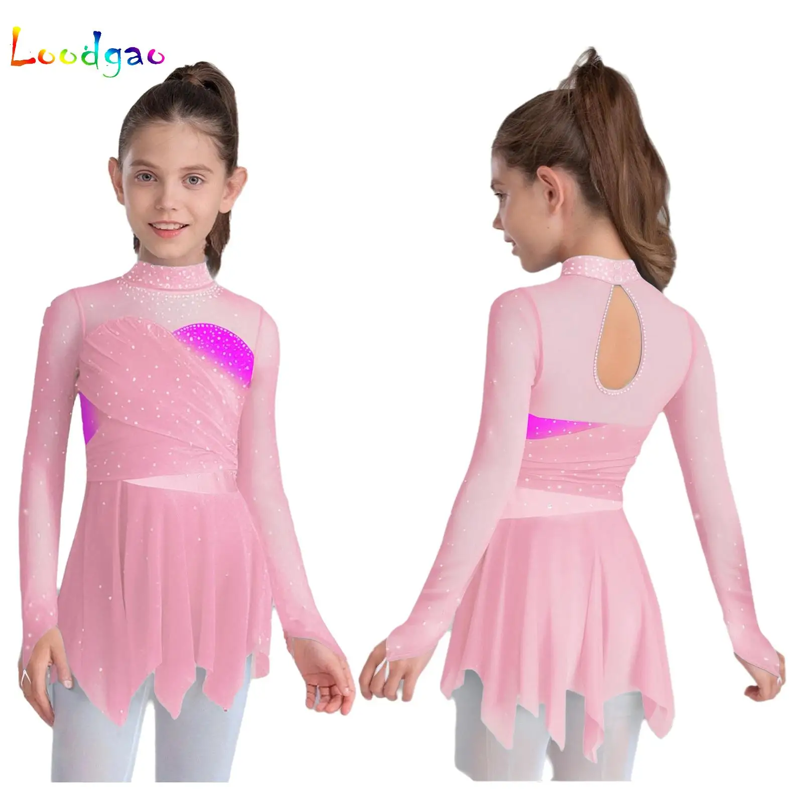 Kids Girls Ballet Dance Dress Figure Skating Gymnastics Skirted Leotard Long Sleeves Ruched Mesh Tutu Dance Performance Costume
