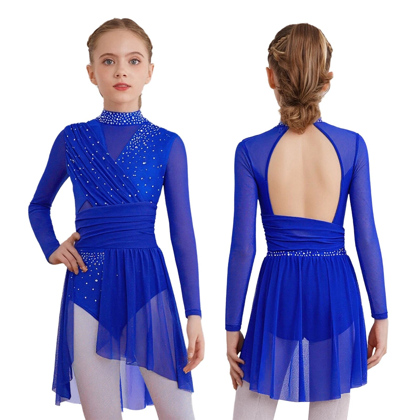 Kids Girls Ballet Dance Dress Figure Skating Gymnastics Skirted Leotard Long Sleeves Ruched Mesh Tutu Dance Performance Costume