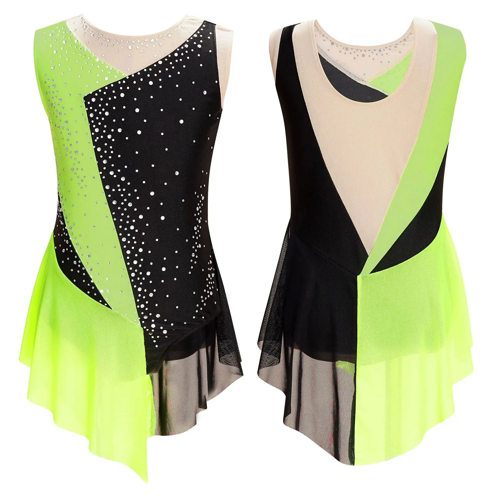 Kids Girls Ballet Dance Dress Figure Skating Gymnastics Skirted Leotard Long Sleeves Ruched Mesh Tutu Dance Performance Costume