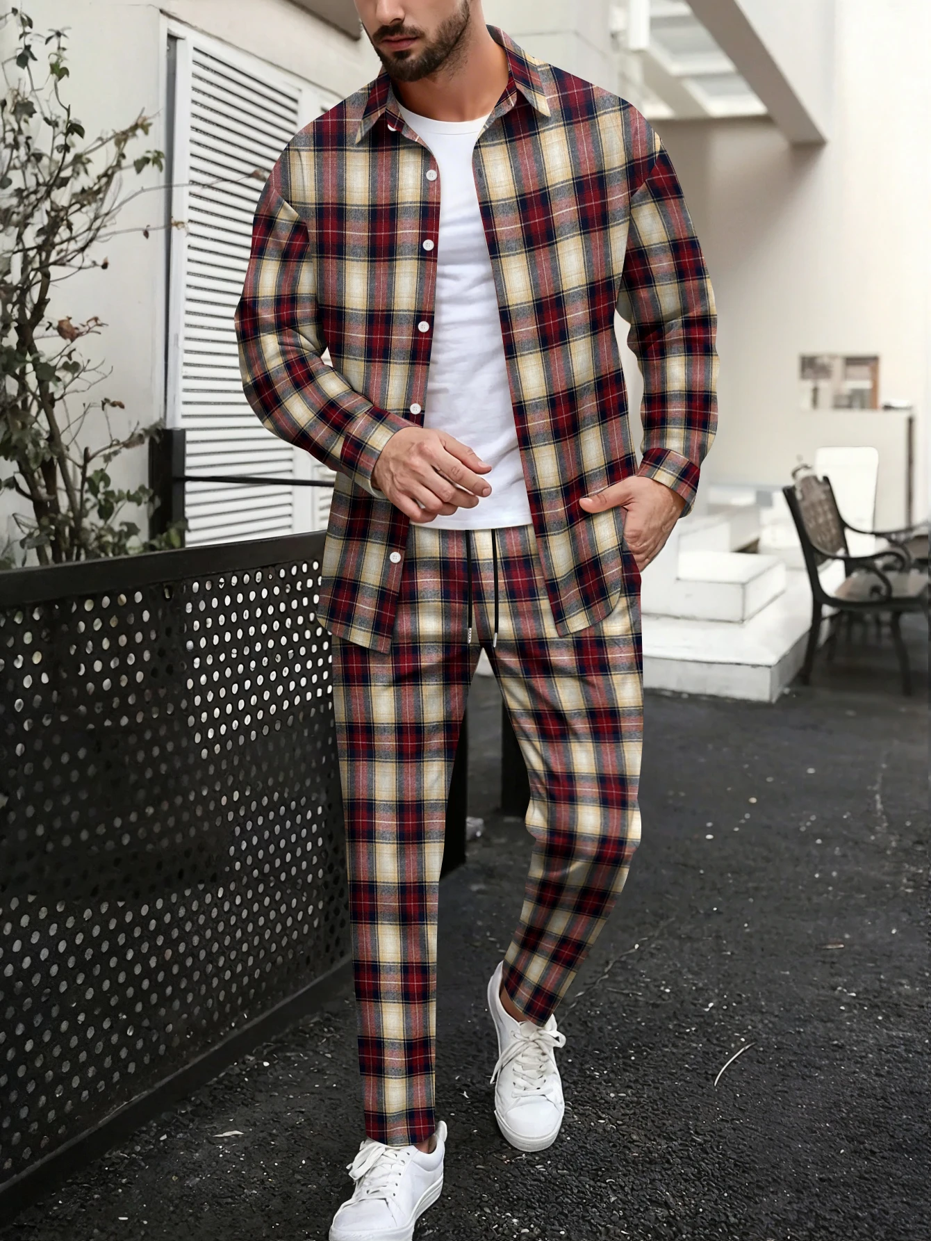 Men's Fashionable Collared Long Sleeve Long Pants Set Spring Autumn Casual Sports Ensemble