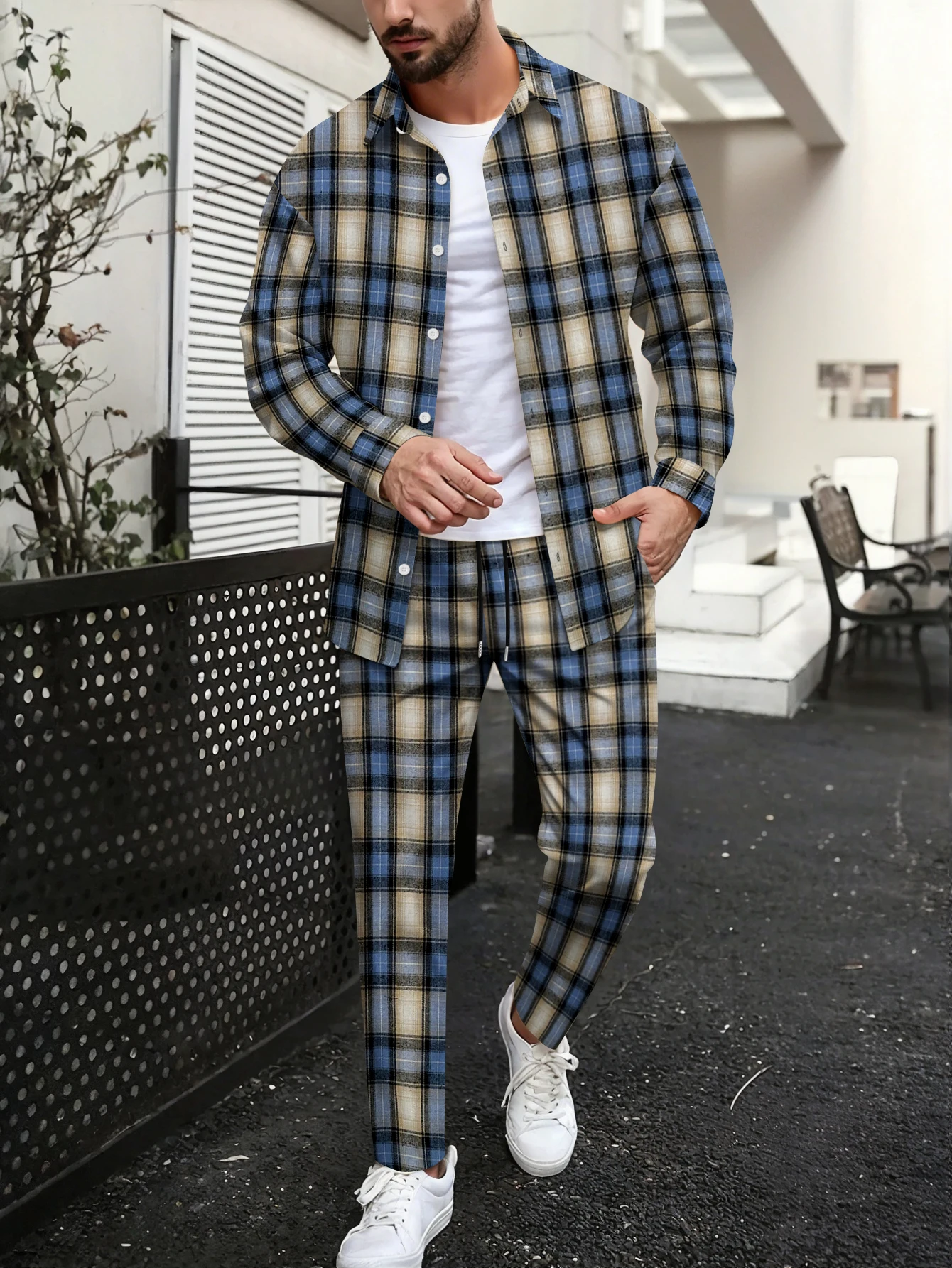 Men's Fashionable Collared Long Sleeve Long Pants Set Spring Autumn Casual Sports Ensemble