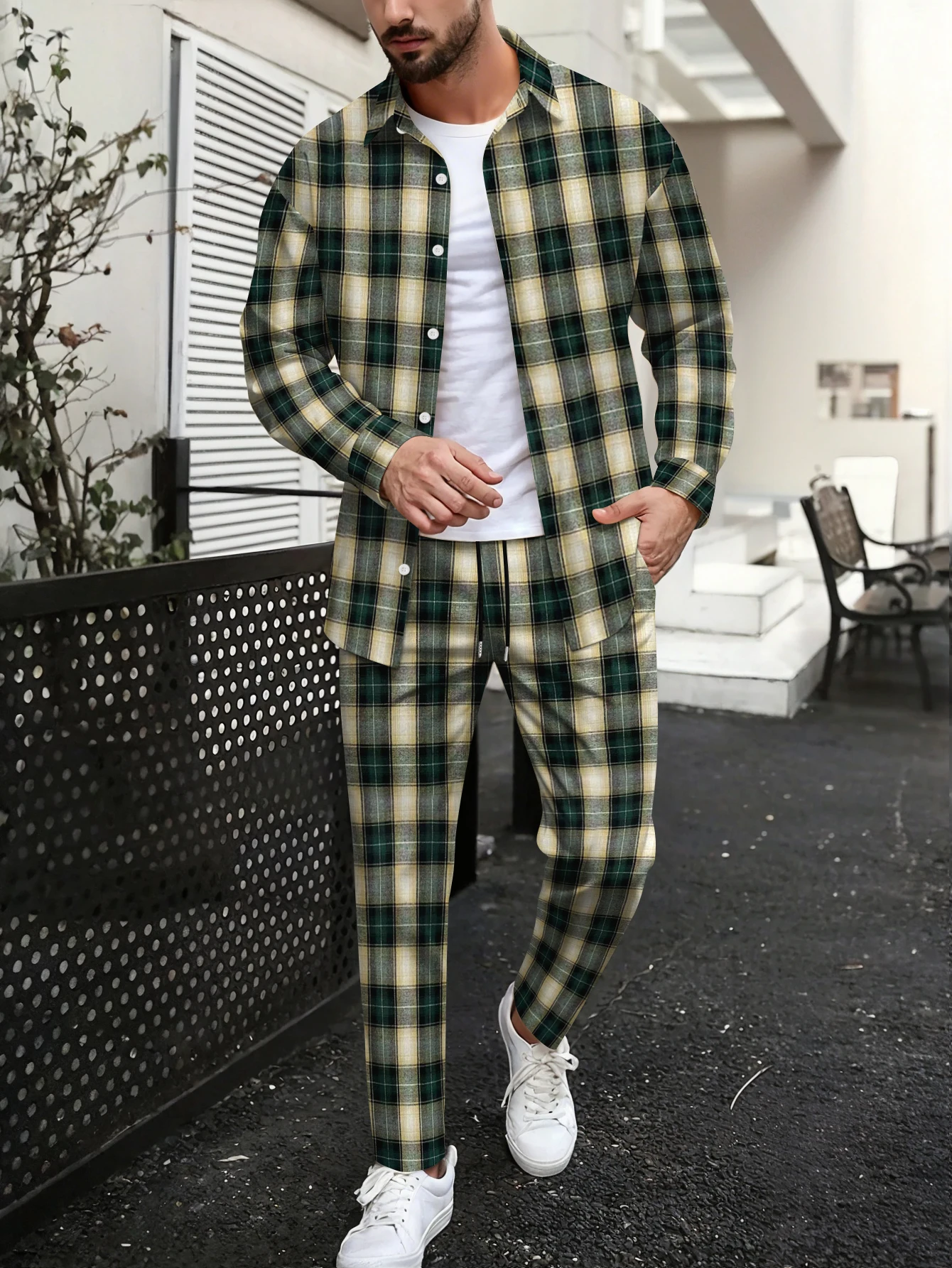 Men's Fashionable Collared Long Sleeve Long Pants Set Spring Autumn Casual Sports Ensemble