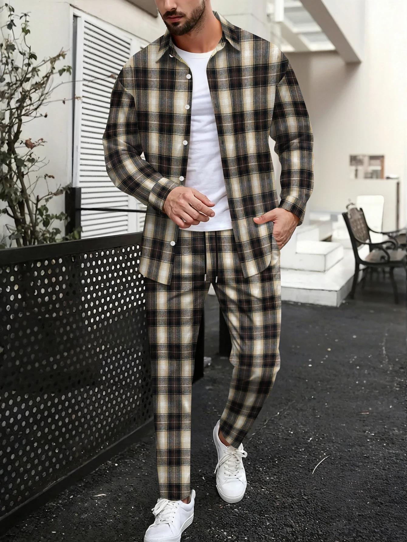 Men's Fashionable Collared Long Sleeve Long Pants Set Spring Autumn Casual Sports Ensemble
