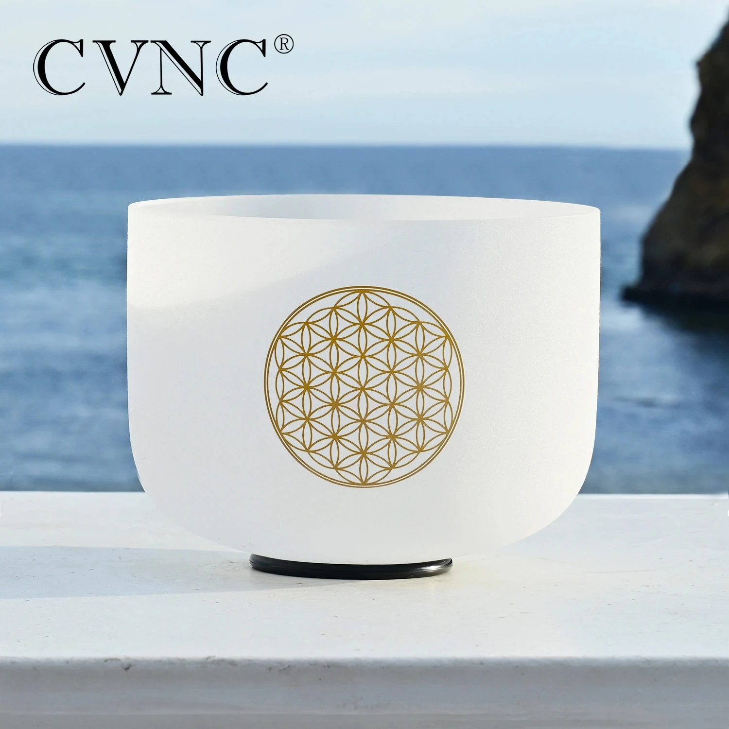 CVNC 528Hz 8 Inch C Note Life Flower Design Chakra Frosted Quartz Crystal Singing Bowl for Sound Healing with Mallet