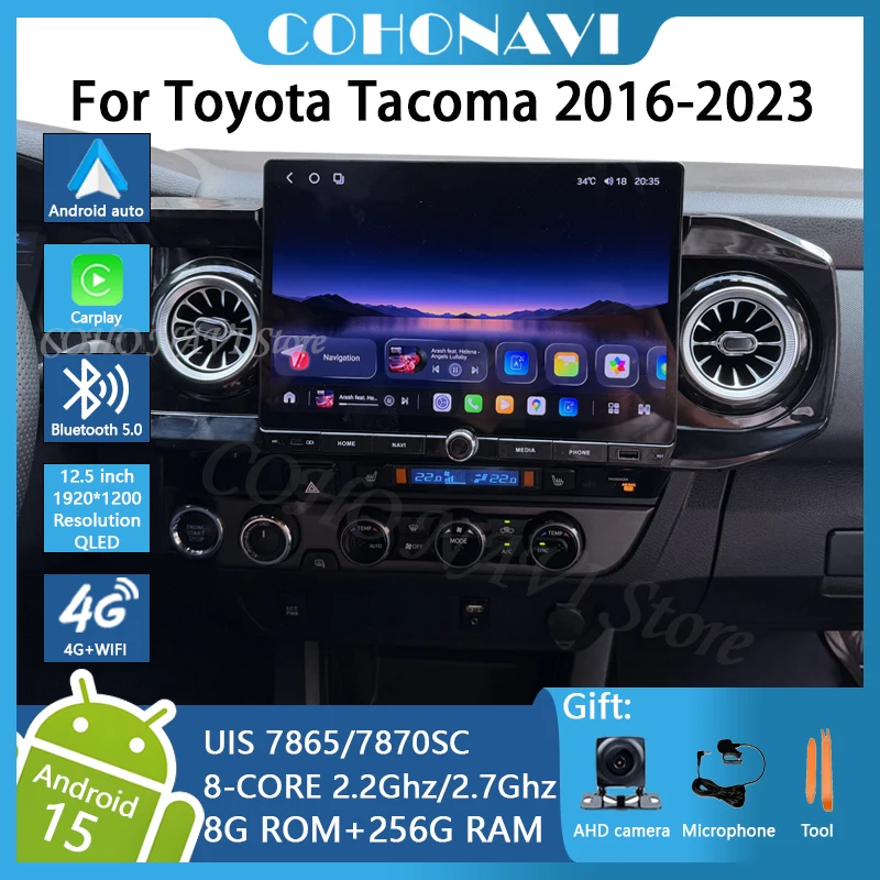 12.5-inch Car Multimedia Player For Toyota Tacoma 2016-2023, Android 15, 8-Core, 8GB+256GB, Stereo Receiver, Radio,  4G, Carplay