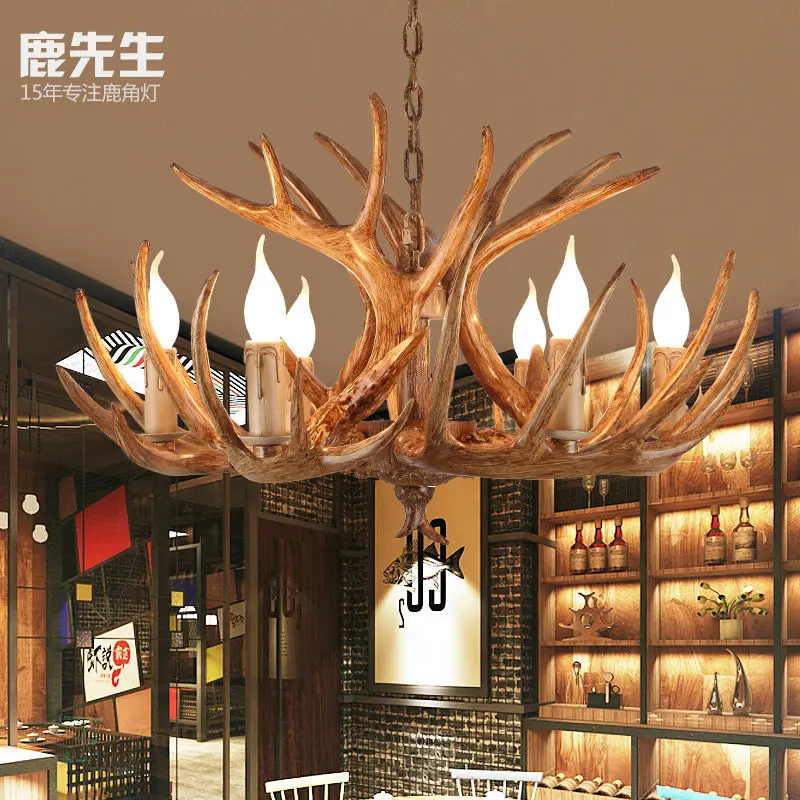 American Style Vintage Chandelier Resin Deer Horn Antler Ceiling Light Pendant Lamp Living Room Restaurant Bedroom Home Decor