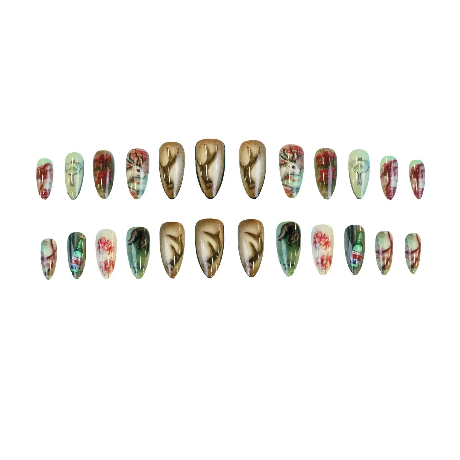 24pcs Cute Gothic Press on Nails Hand Painted Rabbit & Fox & Luna Moth & Deer Antler Fake Nail Short Almond False Nail for Women