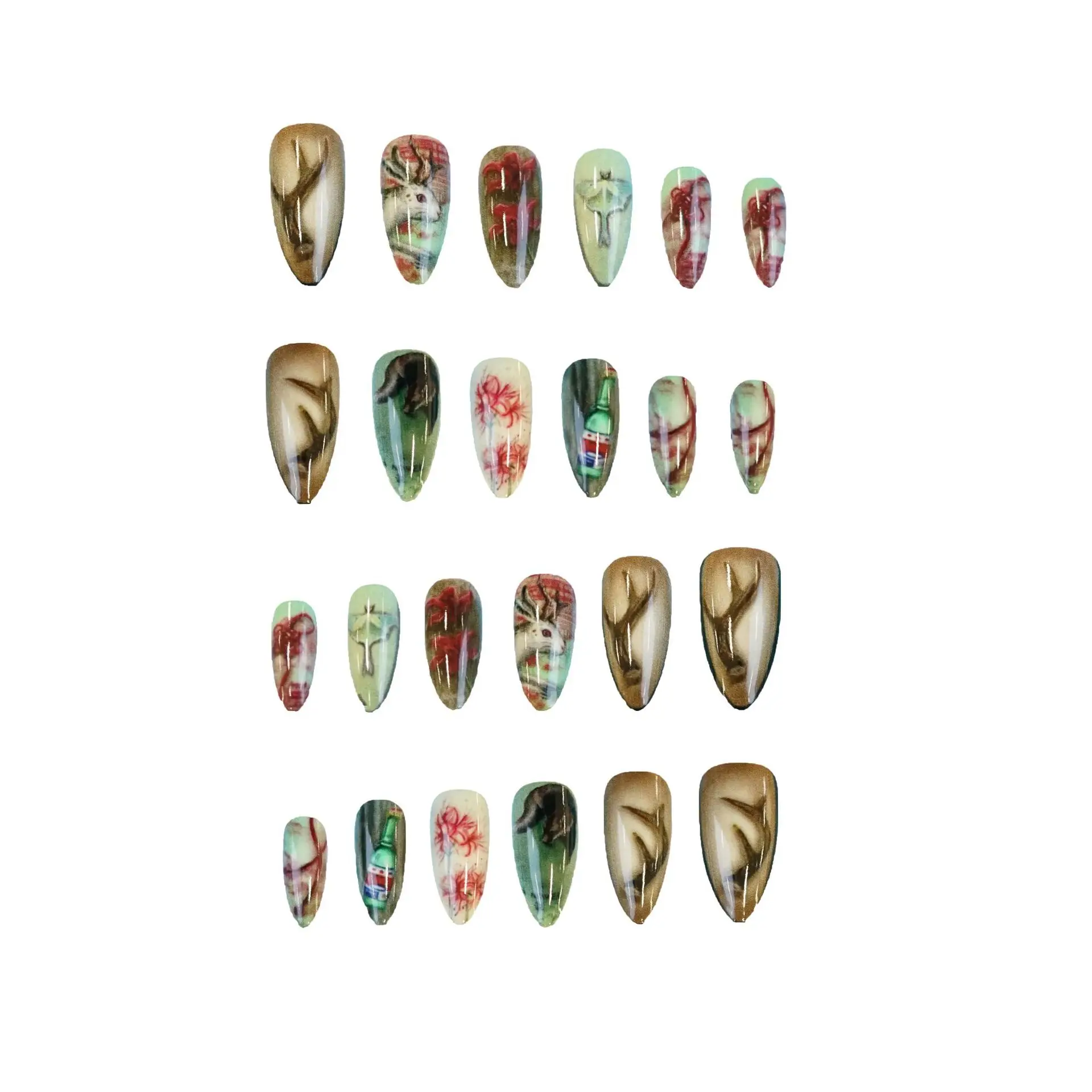 24pcs Cute Gothic Press on Nails Hand Painted Rabbit & Fox & Luna Moth & Deer Antler Fake Nail Short Almond False Nail for Women