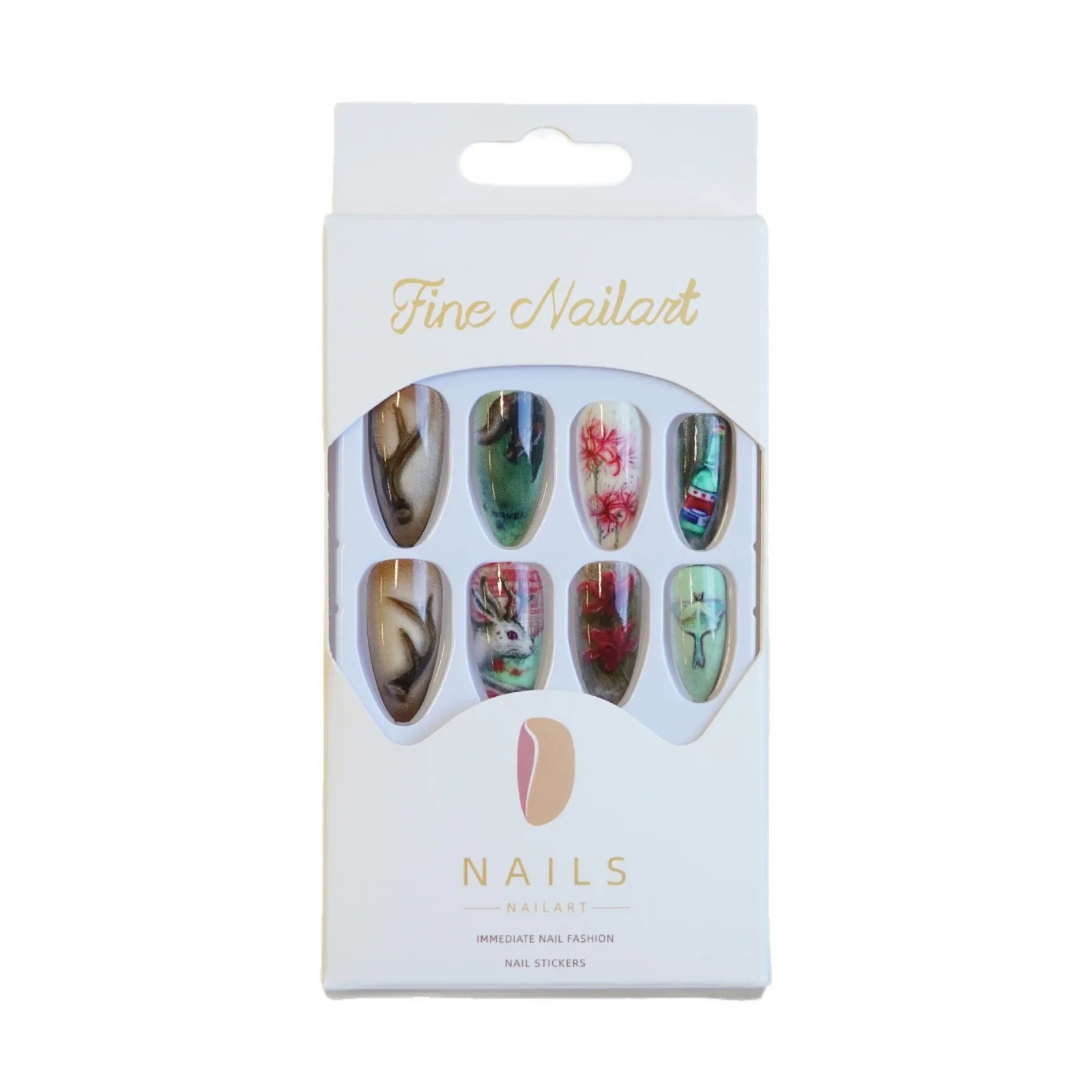 24pcs Cute Gothic Press on Nails Hand Painted Rabbit & Fox & Luna Moth & Deer Antler Fake Nail Short Almond False Nail for Women