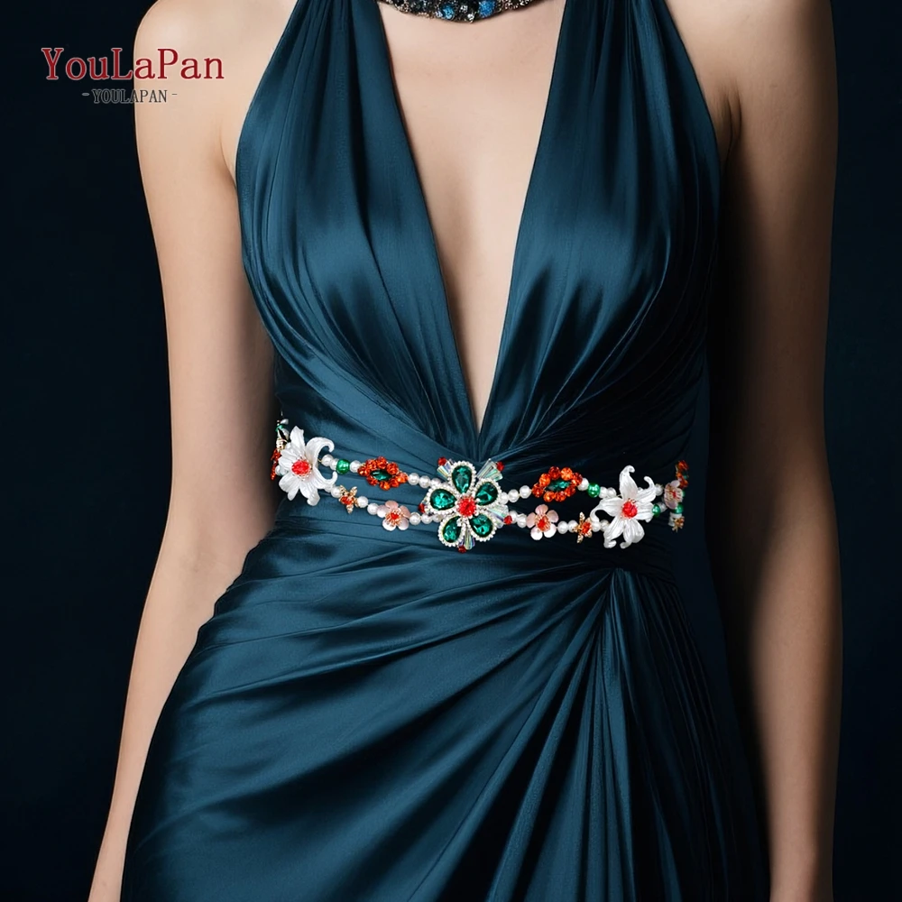 YouLaPan Red Green Color Rhinestone Belt Wedding Dress Sash Belt Crystal Pearl Evening Dress Belt Waist Accessories SH942