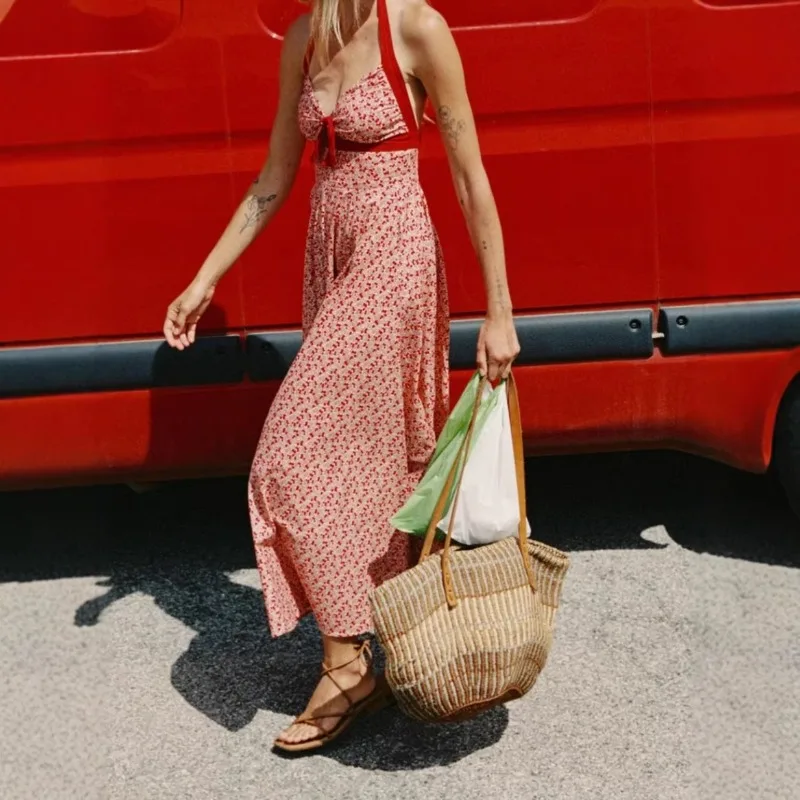 Dress Women's Summer French-style Long Skirt Printed Seductive Backless Halter Neck New Comfortable Minimalist Casual Versatile