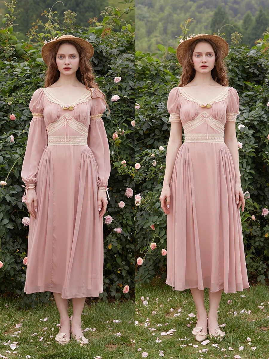 TIYIHAILEY Spring Summer Women Dress Detachabl Full Sleeve Long Mid-Calf Ladies XS-XL Vintage High Waist 2025 New V-Neck Lace