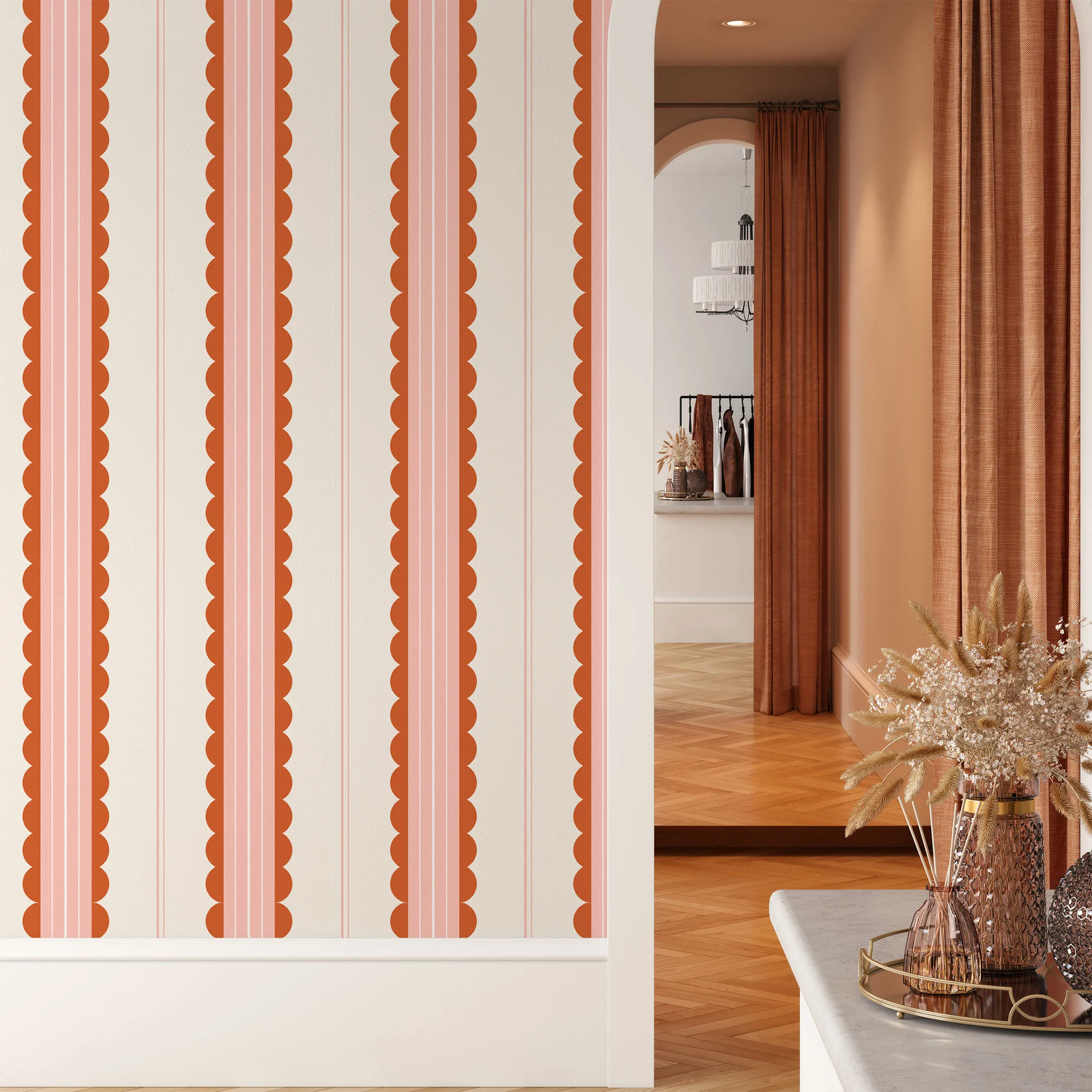 Boho Scallop Peel and Stick Wallpaper Red/Pink Striped Self Adhesive Wallpaper Removable Renter Friendly Contact Paper