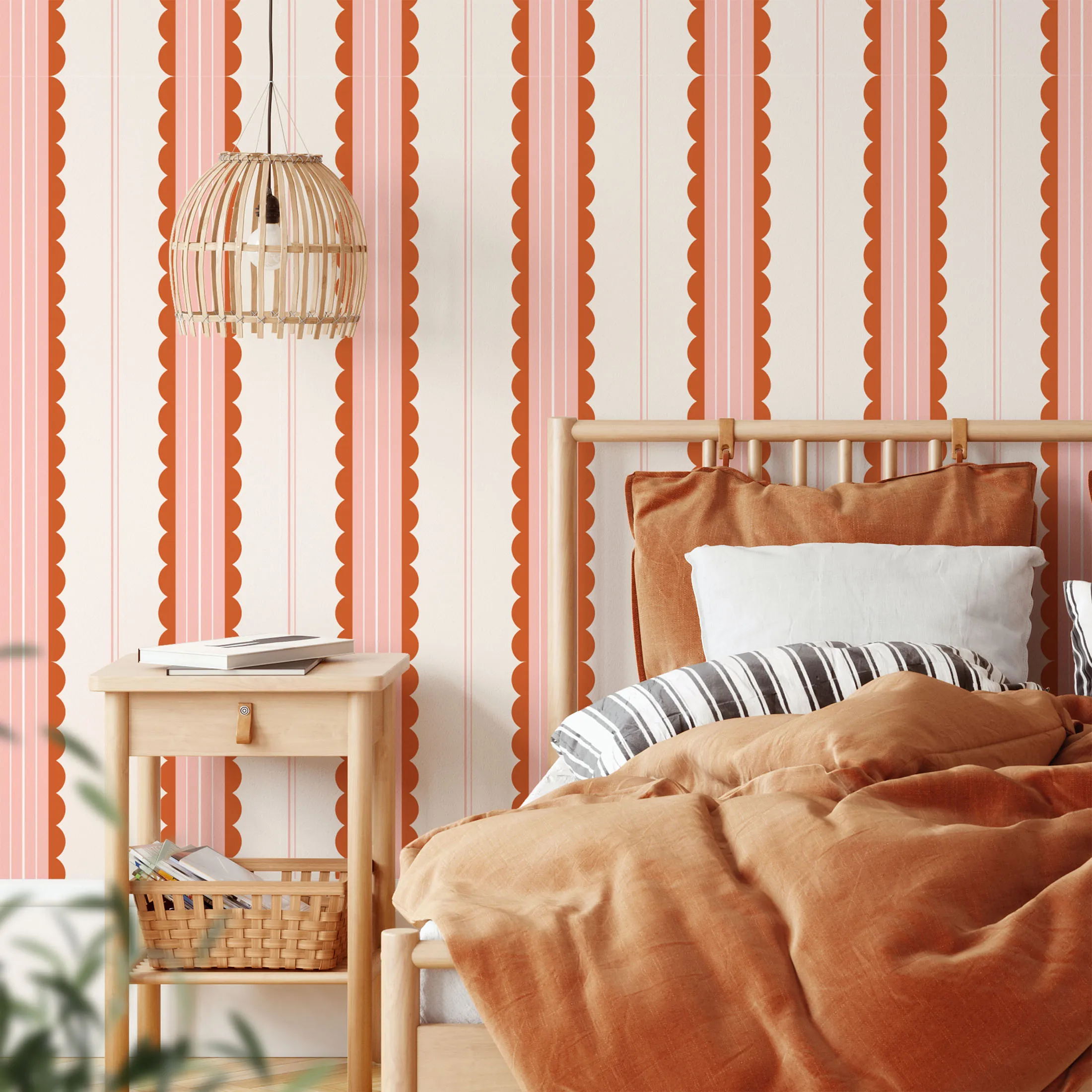 Boho Scallop Peel and Stick Wallpaper Red/Pink Striped Self Adhesive Wallpaper Removable Renter Friendly Contact Paper