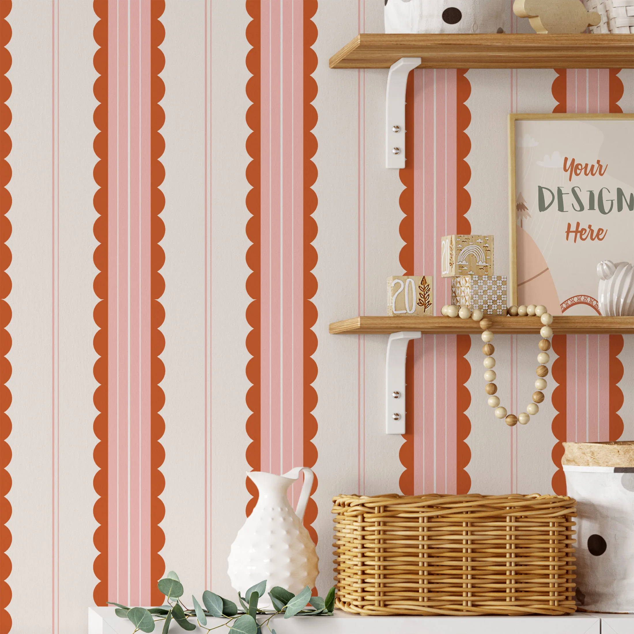 Boho Scallop Peel and Stick Wallpaper Red/Pink Striped Self Adhesive Wallpaper Removable Renter Friendly Contact Paper
