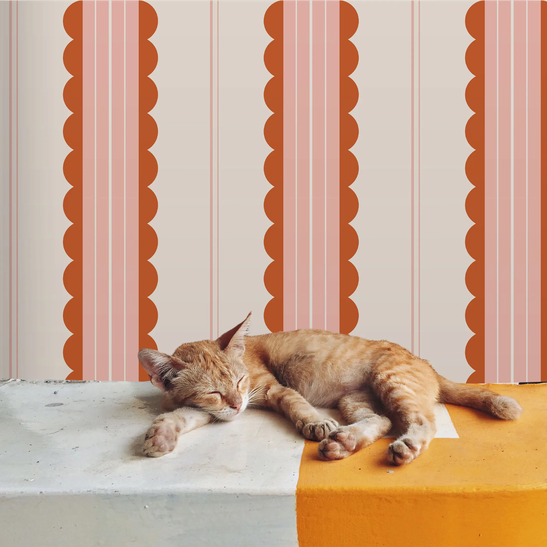 Boho Scallop Peel and Stick Wallpaper Red/Pink Striped Self Adhesive Wallpaper Removable Renter Friendly Contact Paper