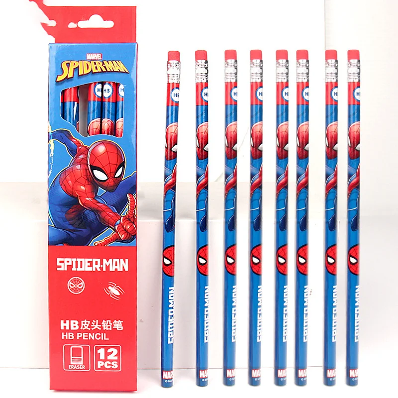 12PCS Anime Pencil Cartoon Character Spider-Man Creativity Printing Pencil Boys Stationery Supplies Birthday Gift