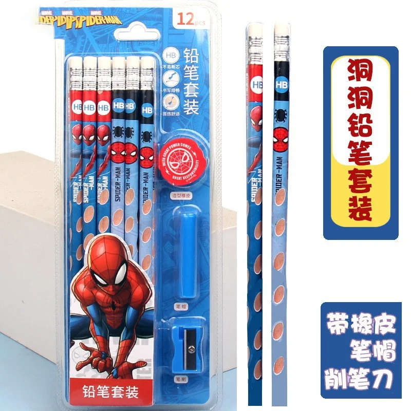 12PCS Anime Pencil Cartoon Character Spider-Man Creativity Printing Pencil Boys Stationery Supplies Birthday Gift