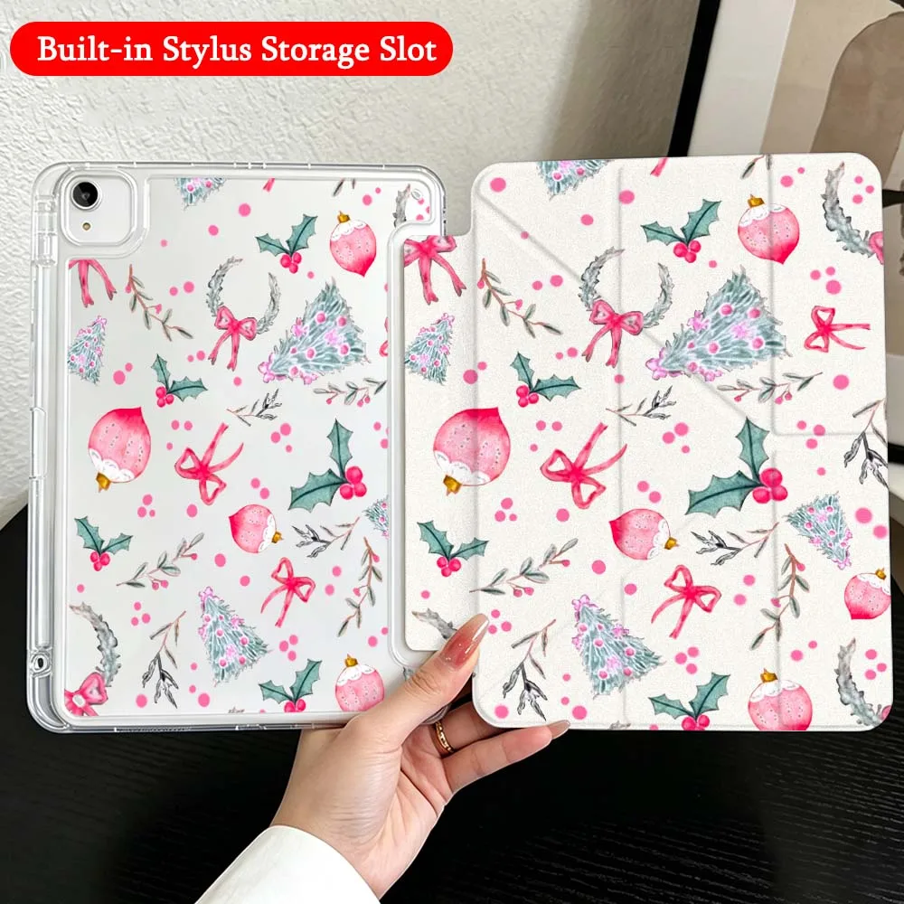 Xmas Pattern Sticker Case For iPad Mini Pro Air 5 6 7 8 9 10th 11th 11 9.7 10.9 13 inch Transparent Y-Shaped Folding Tablet
