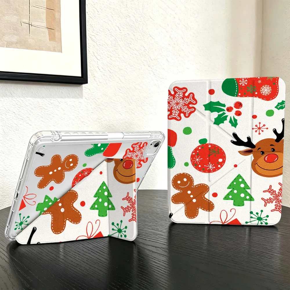 Xmas Pattern Sticker Case For iPad Mini Pro Air 5 6 7 8 9 10th 11th 11 9.7 10.9 13 inch Transparent Y-Shaped Folding Tablet