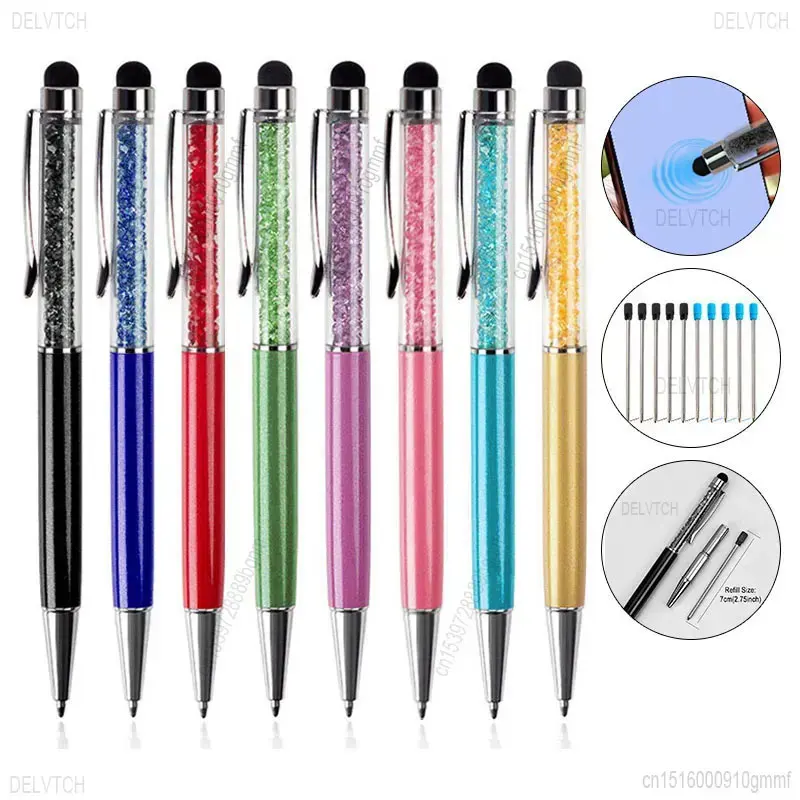 8Pcs Set Crystal Diamond Capacitive Touch Screen Stylus Ballpoint Pen 1.0mm Tip Office Ball Pen Blue Black Oil Refill Stationery