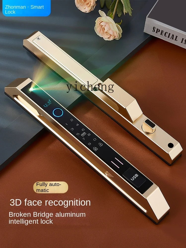 cc29Automatic Broken Bridge Aluminum Fingerprint Lock 3D Face Recognition Horizontal Shift Sliding Door Smart Lock