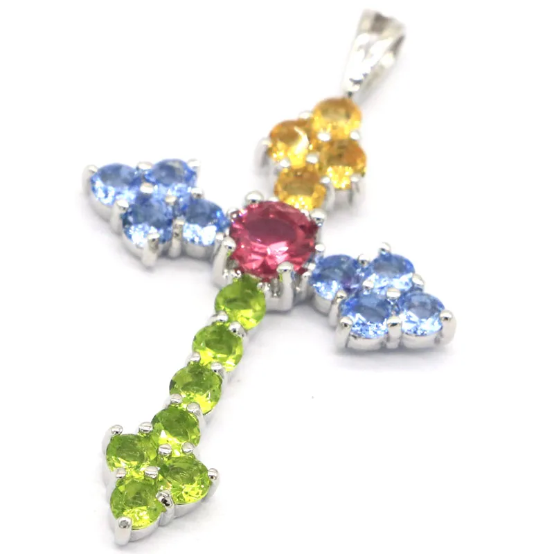 Buy 4 Get 1 Free 40x24mm Multiu Color Long Cross London Blue Topaz Pink Tourmaline Kunzite London Blue Topaz Silver Pendant