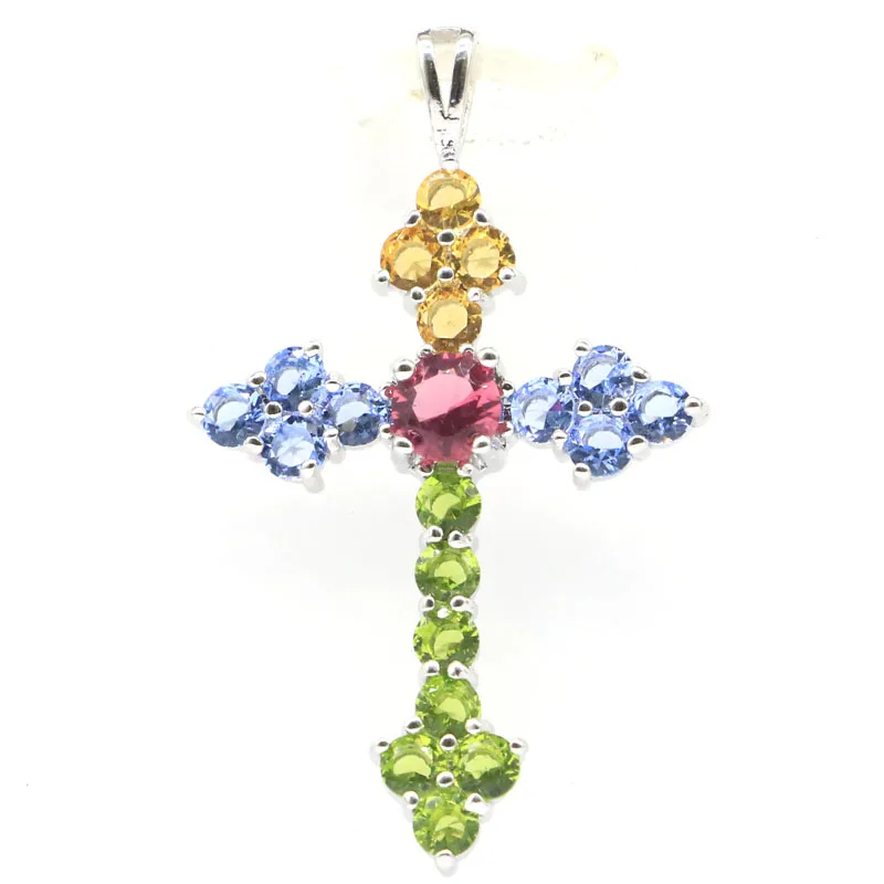 Buy 4 Get 1 Free 40x24mm Multiu Color Long Cross London Blue Topaz Pink Tourmaline Kunzite London Blue Topaz Silver Pendant