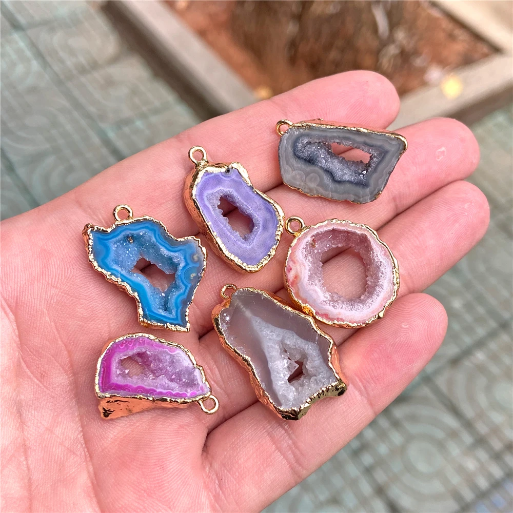 2pcs Irregular Druzy Connectors Pendant Natural Stone Gold Color Plated Agates Connector Charm DIY Necklace Earring Jewelry