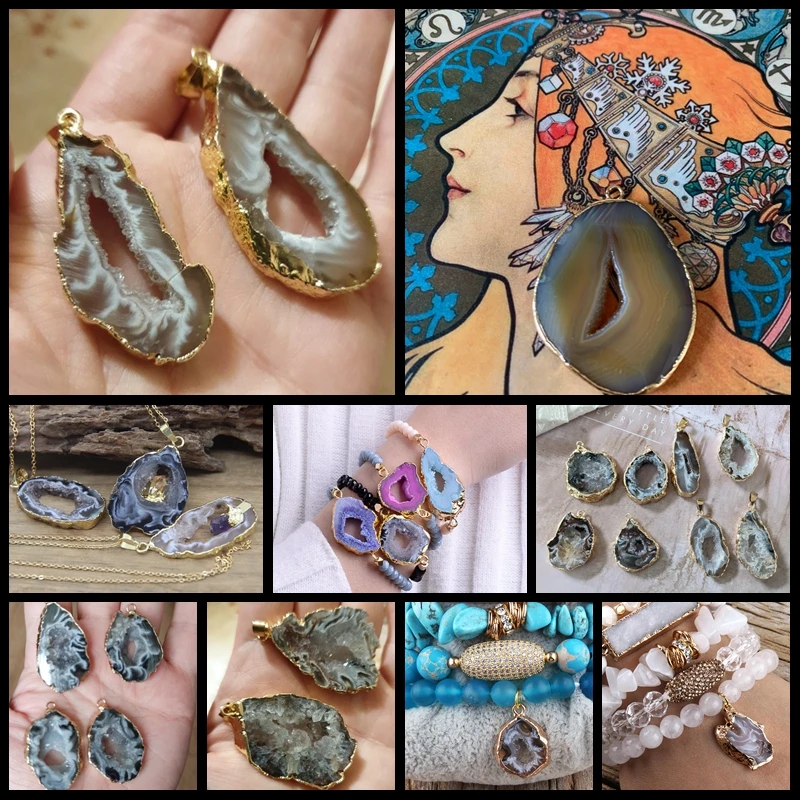 2pcs Irregular Druzy Connectors Pendant Natural Stone Gold Color Plated Agates Connector Charm DIY Necklace Earring Jewelry