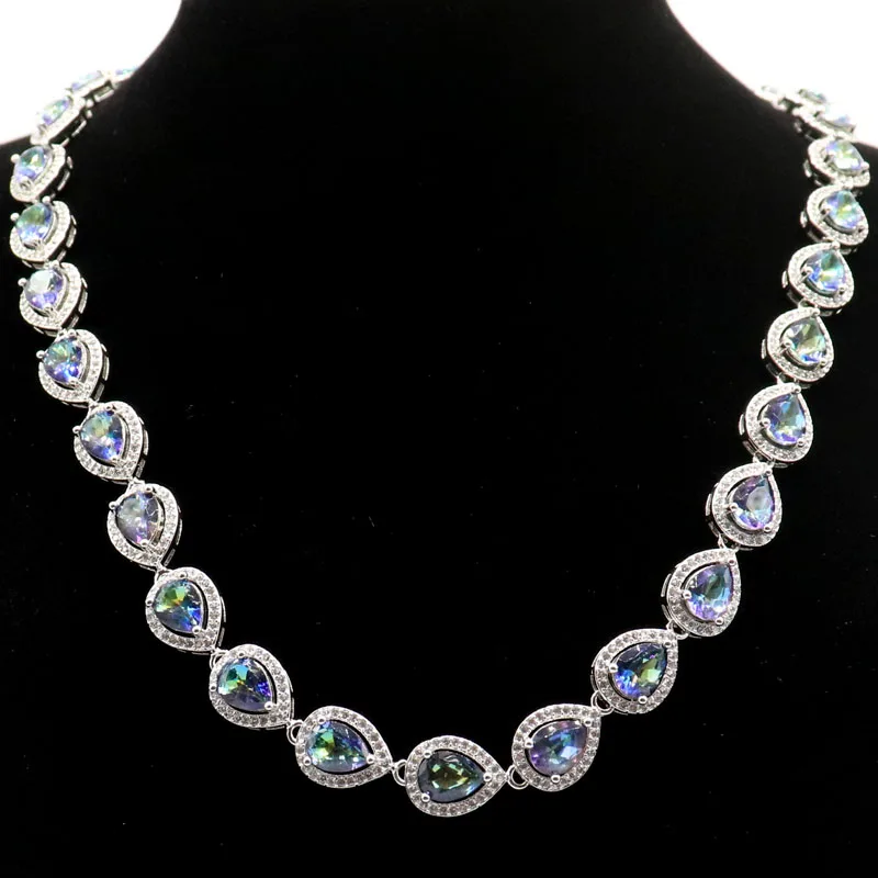12x10mm SheCrown Big Heavy 36g Fire Rainbow Mystic Topaz Violet Tanzanite Kunzite Women Dating Silver Necklace 17-18.5nch