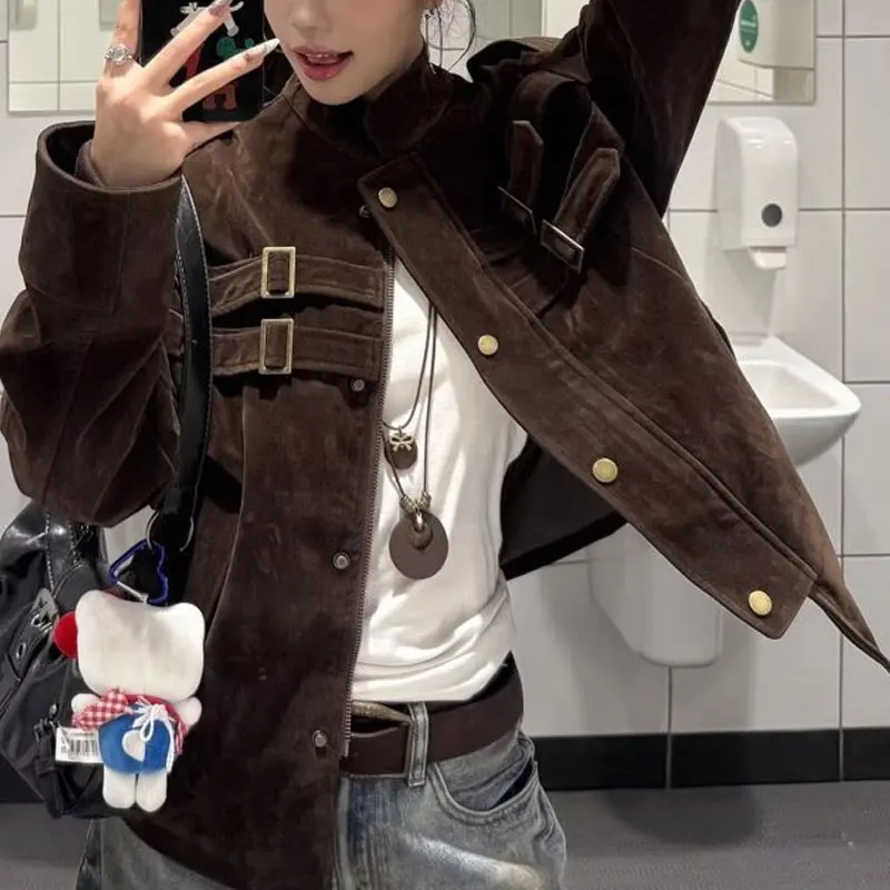 Fashionable Vintage Patchwork Jackets Autumn Winter Stand Collar Female Clothing Solid Color Loose Single-breasted Short Coats