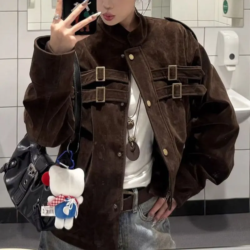 Fashionable Vintage Patchwork Jackets Autumn Winter Stand Collar Female Clothing Solid Color Loose Single-breasted Short Coats