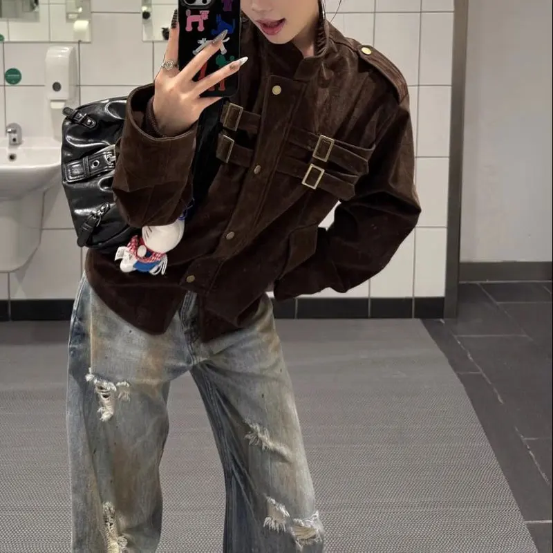 Fashionable Vintage Patchwork Jackets Autumn Winter Stand Collar Female Clothing Solid Color Loose Single-breasted Short Coats