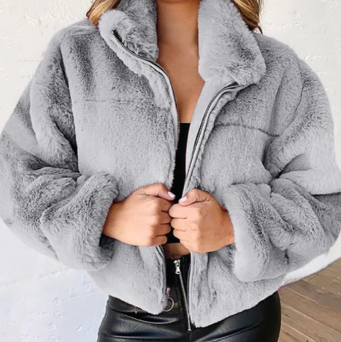 2025 Winter Women's Warm Jacket Zipper Cardigan Faux Fur Fashion Long Sleeve Stand Collar Plush Coat for Female
