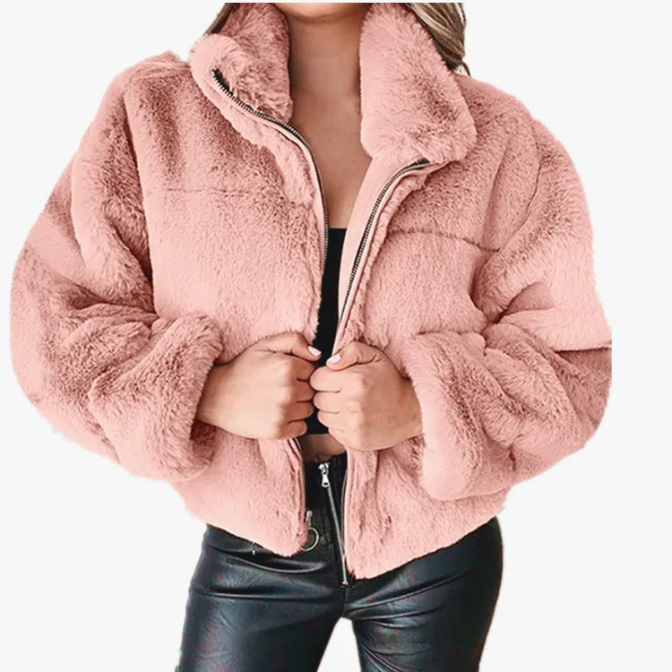 2025 Winter Women's Warm Jacket Zipper Cardigan Faux Fur Fashion Long Sleeve Stand Collar Plush Coat for Female