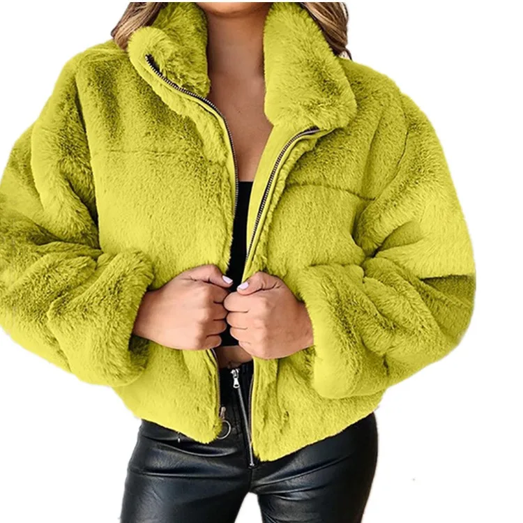2025 Winter Women's Warm Jacket Zipper Cardigan Faux Fur Fashion Long Sleeve Stand Collar Plush Coat for Female