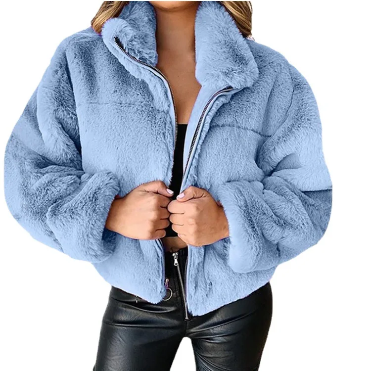 2025 Winter Women's Warm Jacket Zipper Cardigan Faux Fur Fashion Long Sleeve Stand Collar Plush Coat for Female