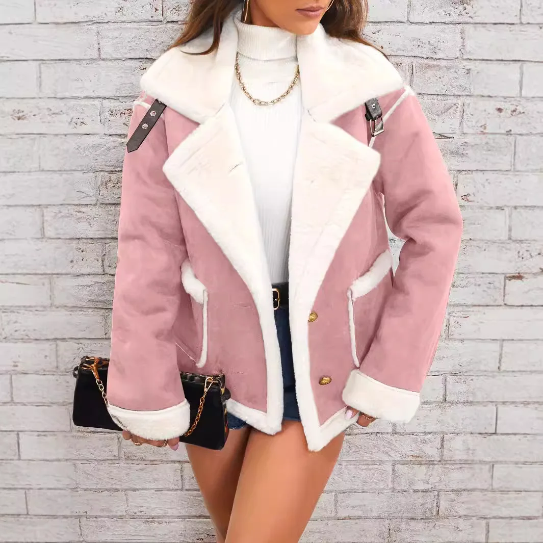 Women Shearling Jacket Casual Short Coat Y2k Turn Down Collar Long Coats Single Breasted Loose Street Wear Thick 2025 Winter