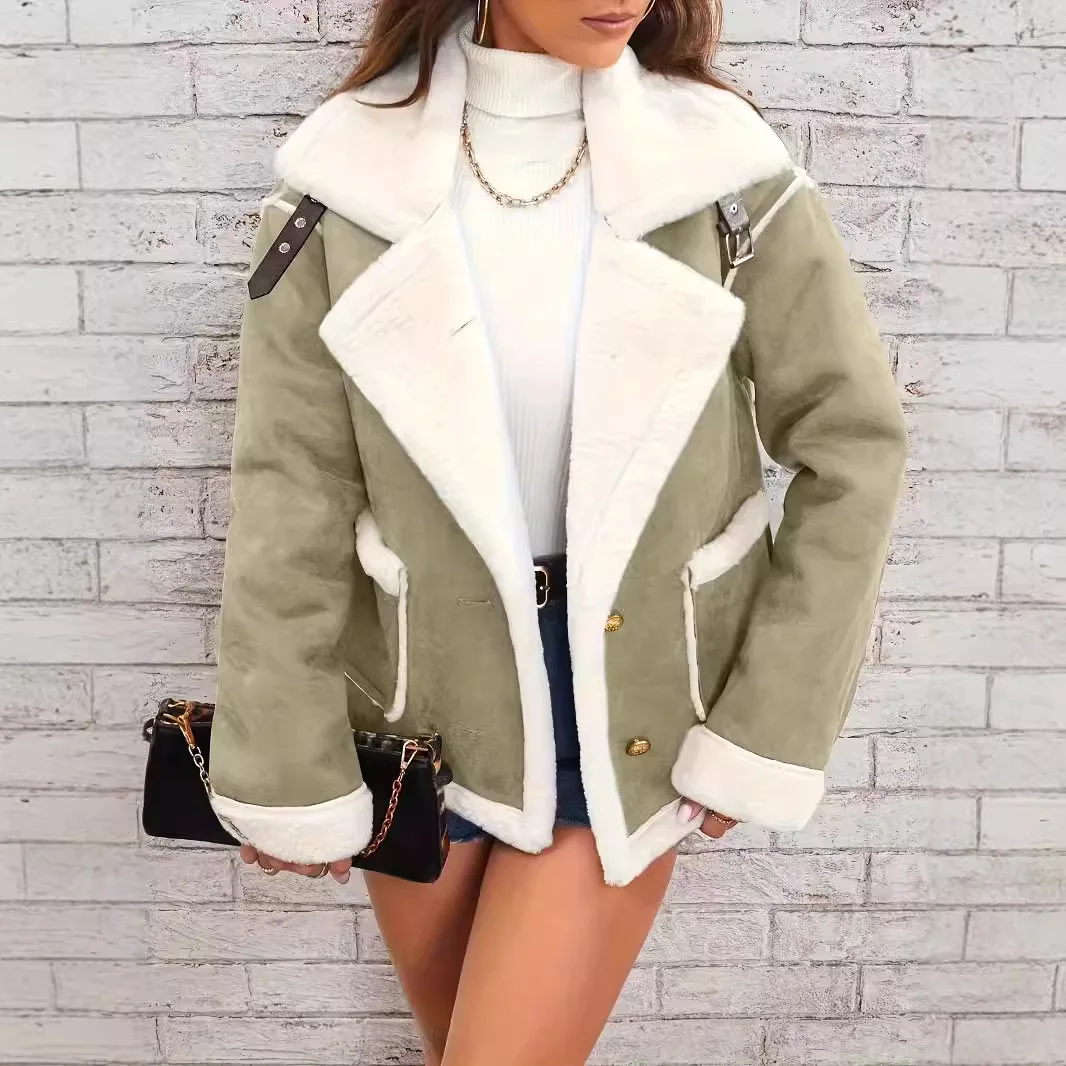 Women Shearling Jacket Casual Short Coat Y2k Turn Down Collar Long Coats Single Breasted Loose Street Wear Thick 2025 Winter