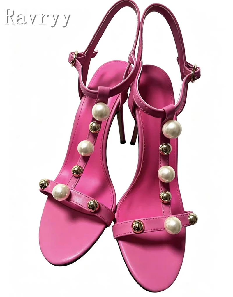 Women Elegant T-Strap Ankle Buckle Stiletto Sandals White Pearl & Gold Metal Bead Decor Open Toe Party Wedding High Heel Shoes