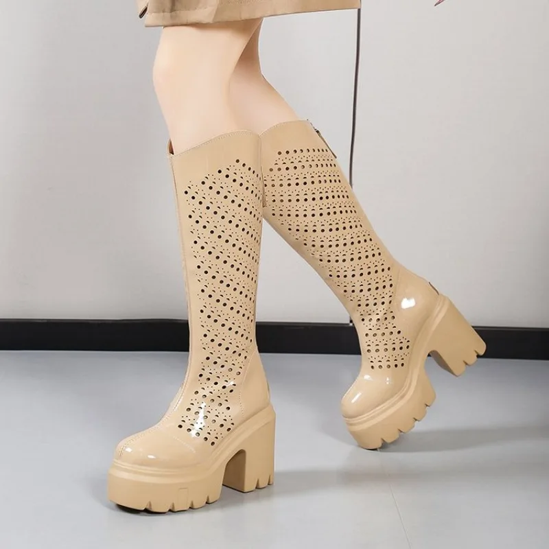 Women's High Heel Long Boots Spring Summer Thick Bottomed Increased Height Knee High Fashion Boots round Toe Zipper