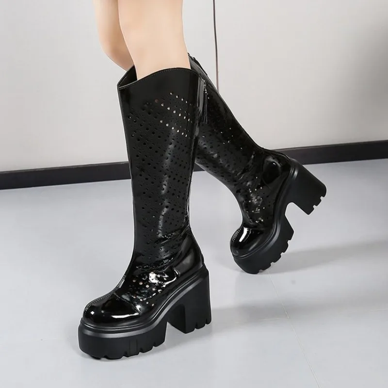 Women's High Heel Long Boots Spring Summer Thick Bottomed Increased Height Knee High Fashion Boots round Toe Zipper