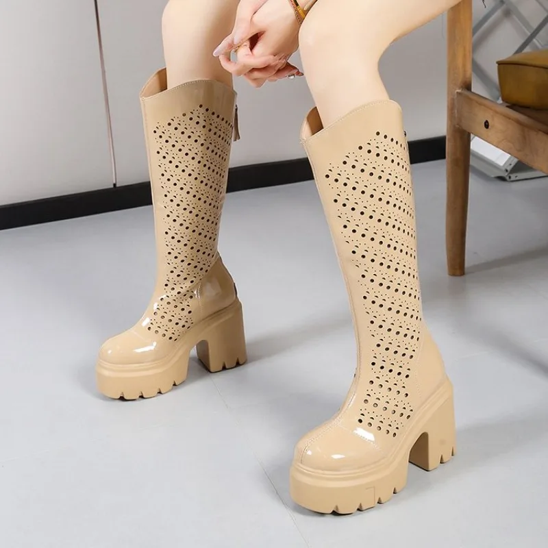 Women's High Heel Long Boots Spring Summer Thick Bottomed Increased Height Knee High Fashion Boots round Toe Zipper
